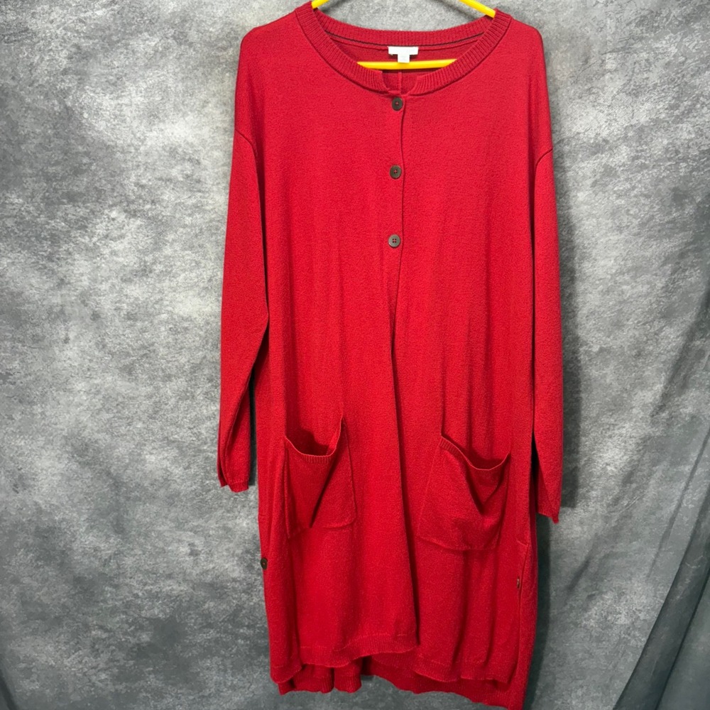 J. Jill Red Wool Blend Longline Duster Cardigan Size 2X Open Front Lagenlook